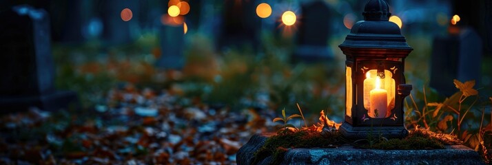 Lantern and a remembrance candle on a gravestone at night for All Saints Day