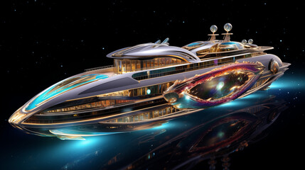 Luxurious Interstellar Space Yacht With Galactic Elements High-Tech Features And Glowing Accents