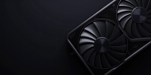Black graphics card with two cooling fans.
