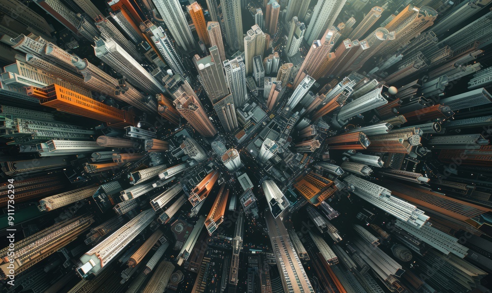 Poster vibrant top view of densely packed skyscrapers and busy intersections