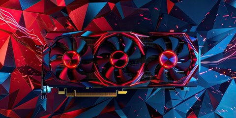 Graphics card with red glowing fans on black and blue