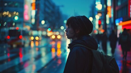 Obraz premium A solitary person gazes across a rain-soaked street illuminated by vibrant neon signs