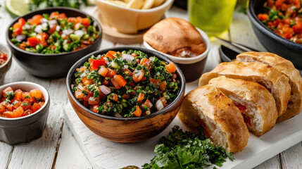 Traditional Lebanese food Tabbouleh, a fresh salad with chopped parsley, tomatoes, onions, and bulgur, served with bread on the side.