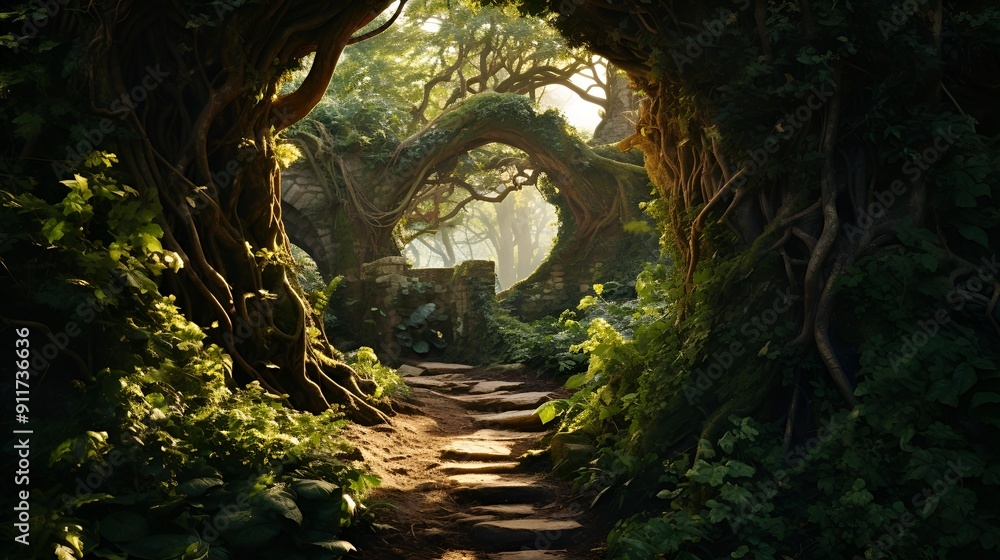Poster a path through a tunnel with trees.