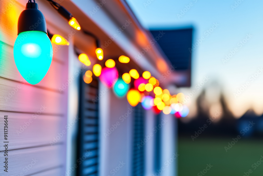 Canvas Prints Close up view of festive Christmas lights on suburban house architecture 