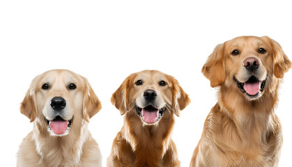  Collection of three dogs, happy golden retrievers set (portrait, sitting and standing) isol_1(44)