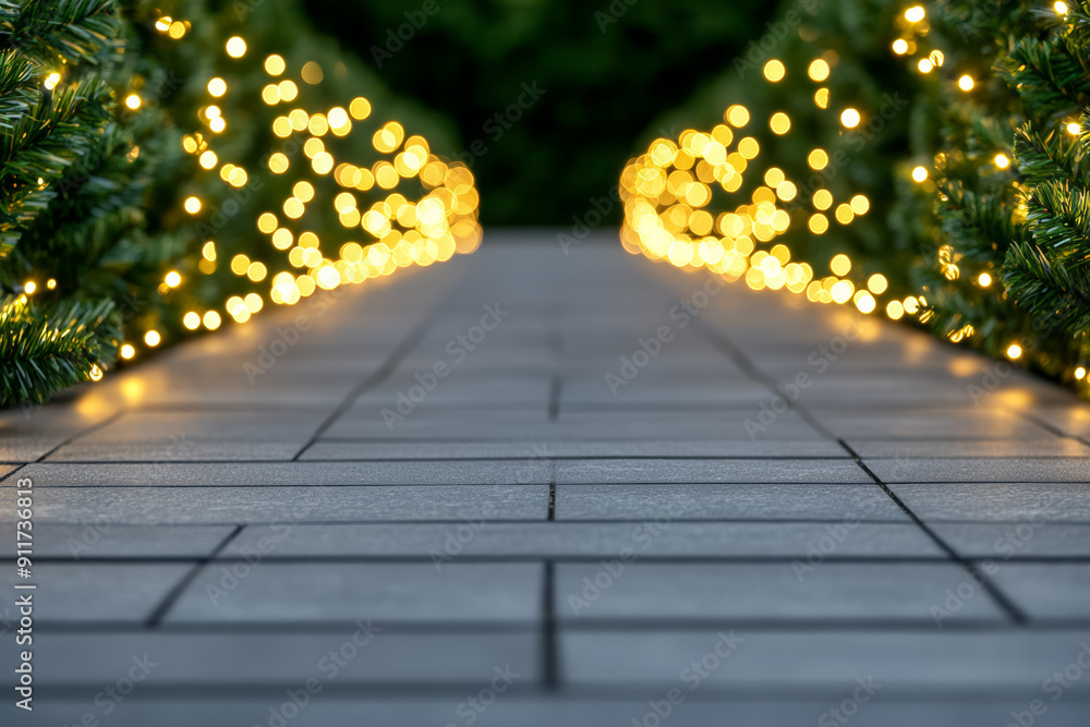 Poster enchanted pathway with christmas lights at home background with empty space for text