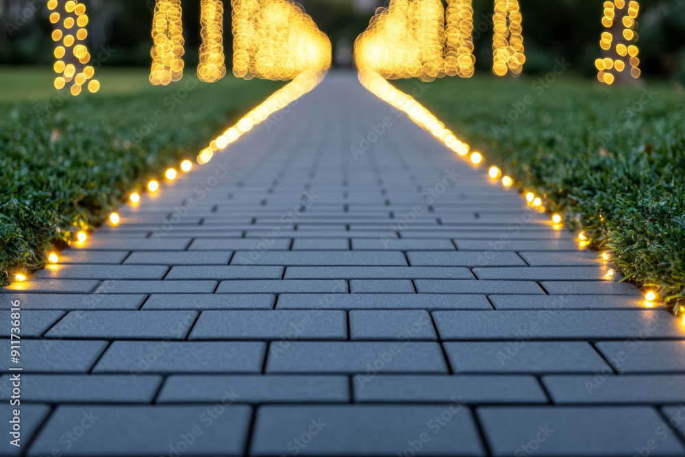 Poster enchanted pathway with christmas lights at home background with empty space for text