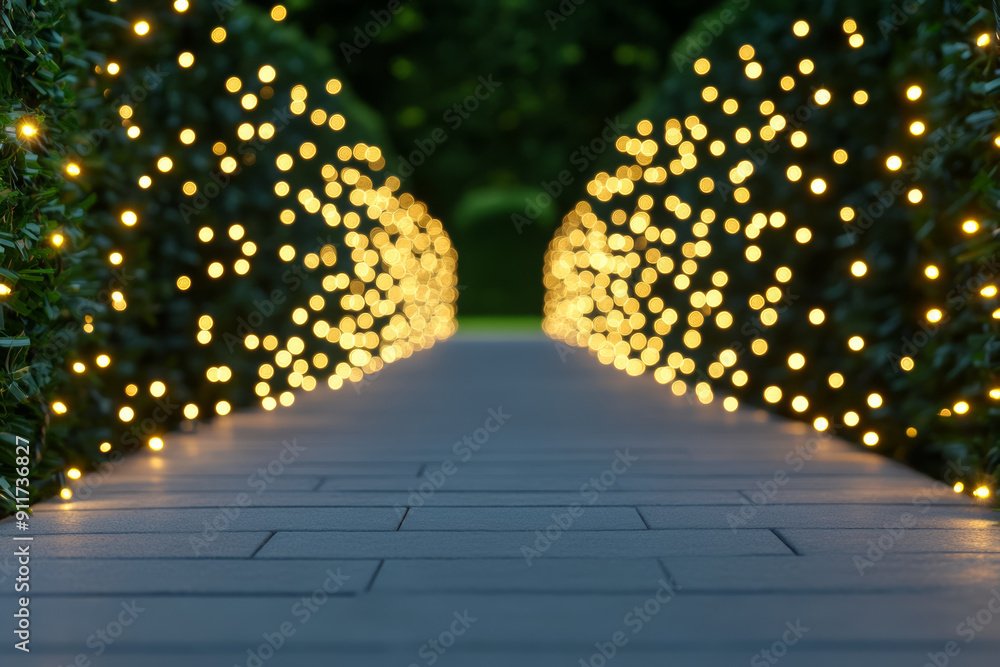Poster enchanted pathway with christmas lights at home background with empty space for text