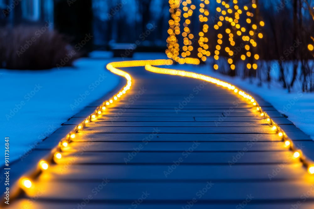 Poster enchanted pathway with christmas lights at home background with empty space for text
