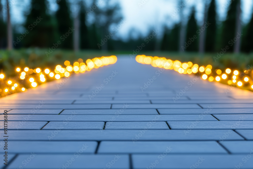 Poster enchanted pathway with christmas lights at home background with empty space for text