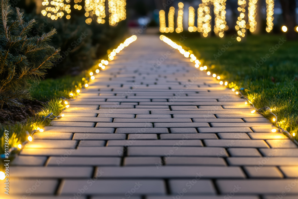 Poster enchanted pathway with christmas lights at home background with empty space for text