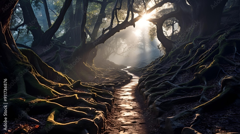 Poster a path through a forest with trees and roots.