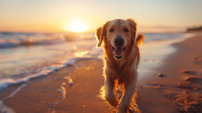 A happy dog playing fetch on a sandy beach background.