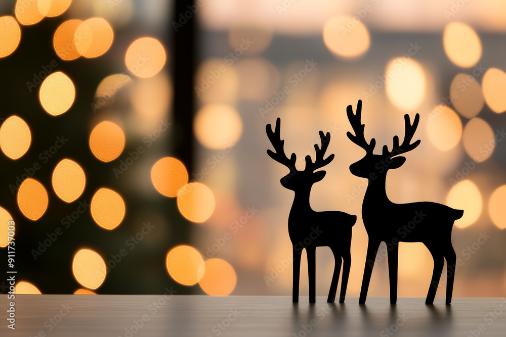 Poster magical window view of reindeer decor background with empty space for text