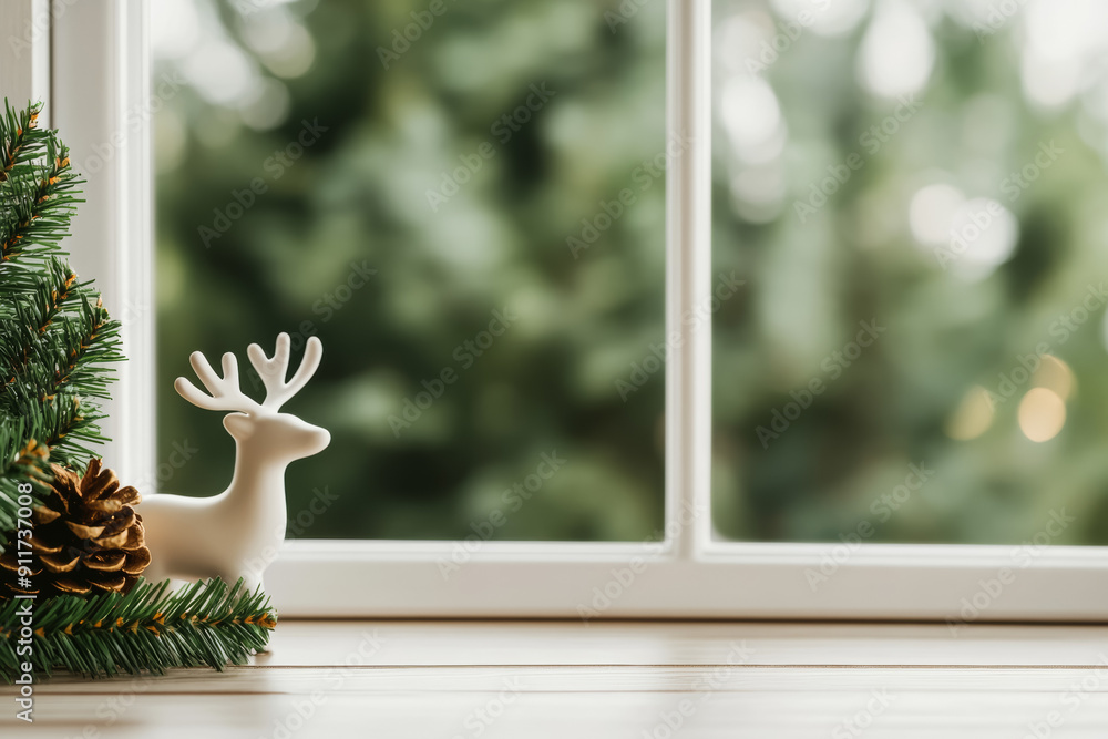 Poster magical window view of reindeer decor background with empty space for text