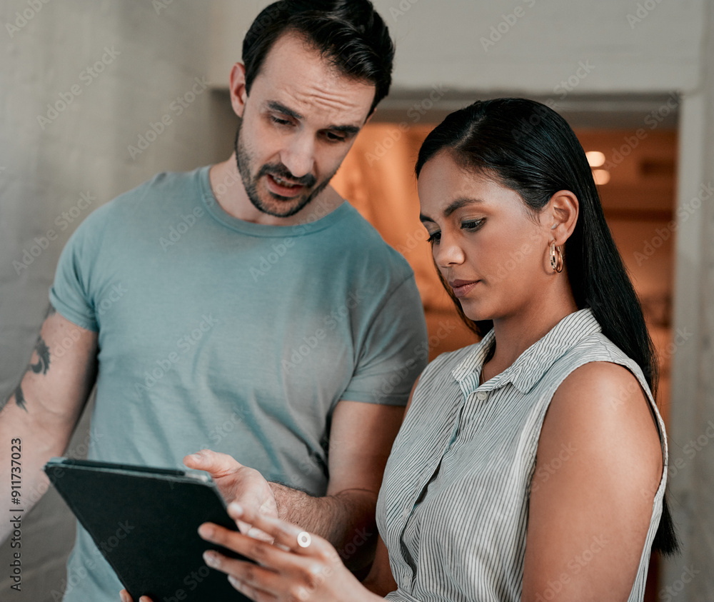 Poster Woman, man and tablet for architecture with reading in office, smile and review on app for design. People, teamwork and check with inspection, blueprint or excited for progress with property project