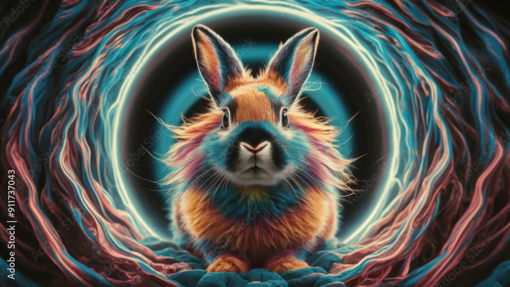 Poster a colorful rabbit sitting in a circle of colored rocks, ai