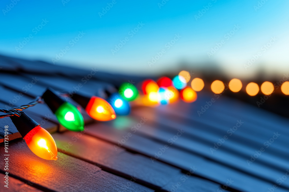 Poster rooftop adorned with sparkling christmas lights background with empty space for text