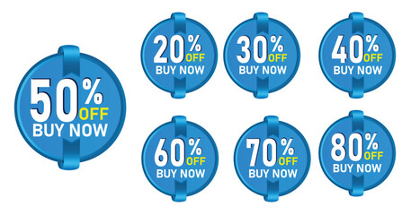 different discount price tag sticker in blue color 20% 30% 40% 50% 60% 70% 80% 90% percent Promotion badge set shopping marketing, advertisement clearance sale, Isolated vector on white background