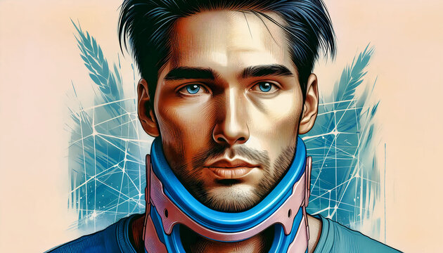 Portrait of a young man wearing a cervical collar.