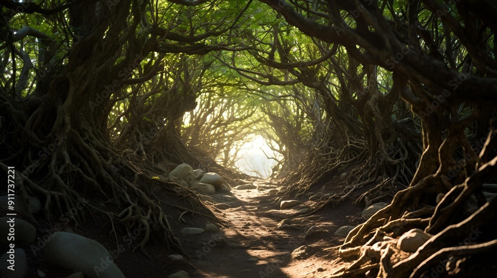 Poster a path through a forest.