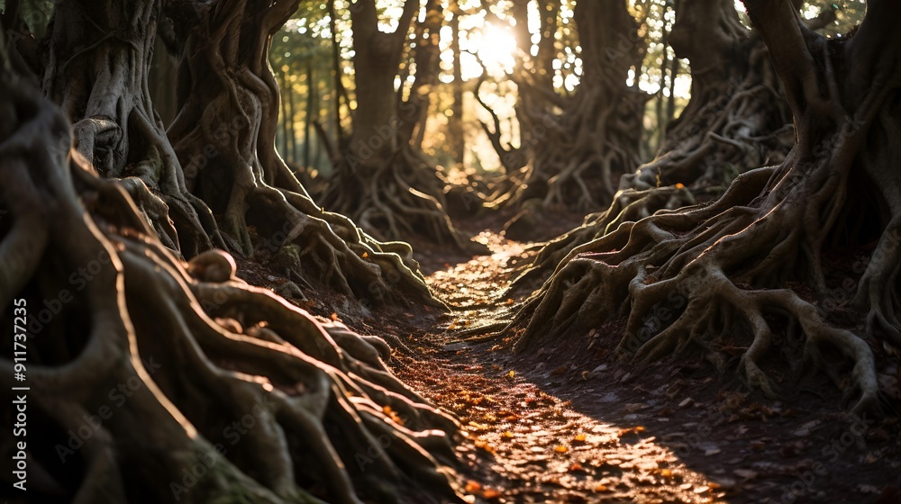 Poster a path through a forest with trees and roots.