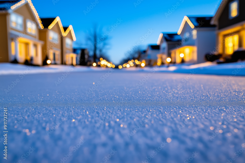 Wall mural Snow dusted neighborhood glows with warm shimmering Christmas holiday lights 