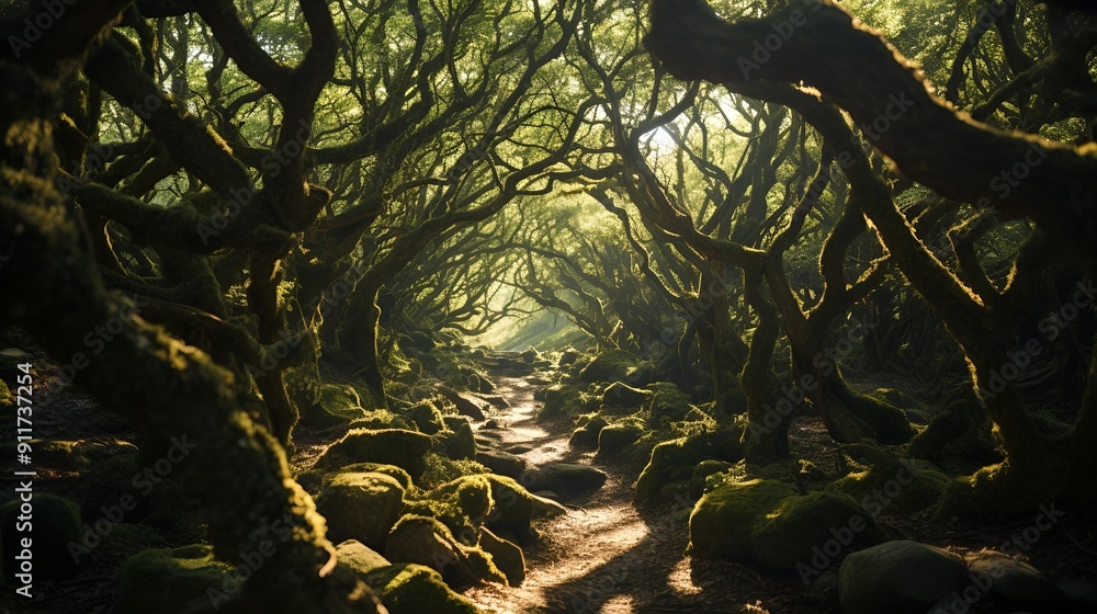 Poster a path through a forest.