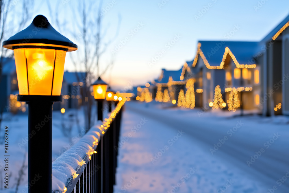 Wall mural Snow dusted neighborhood glows with warm shimmering Christmas holiday lights 