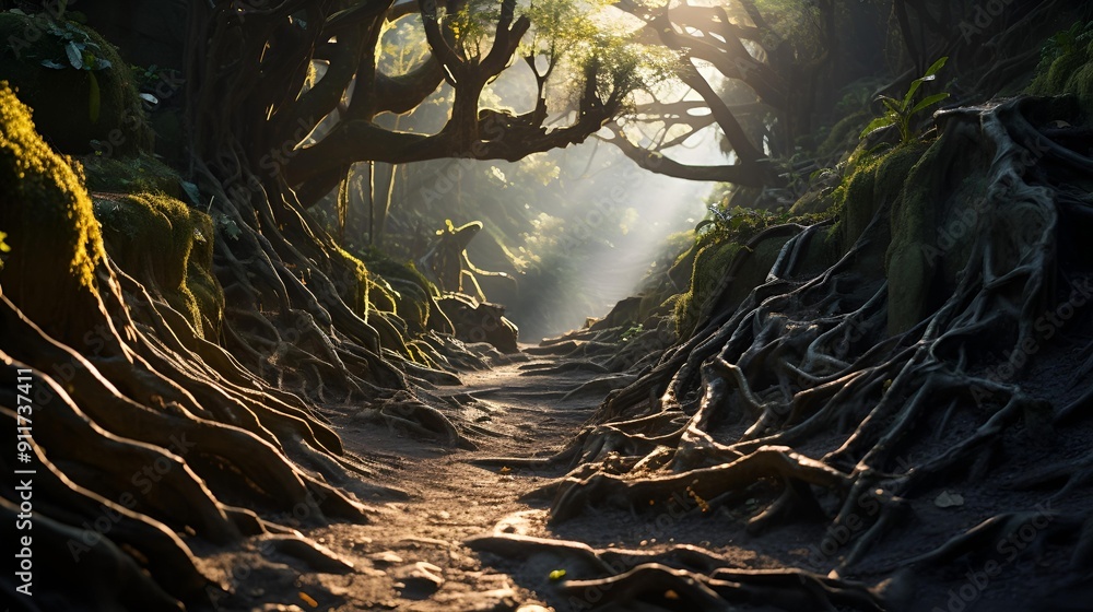 Poster a path through a forest.