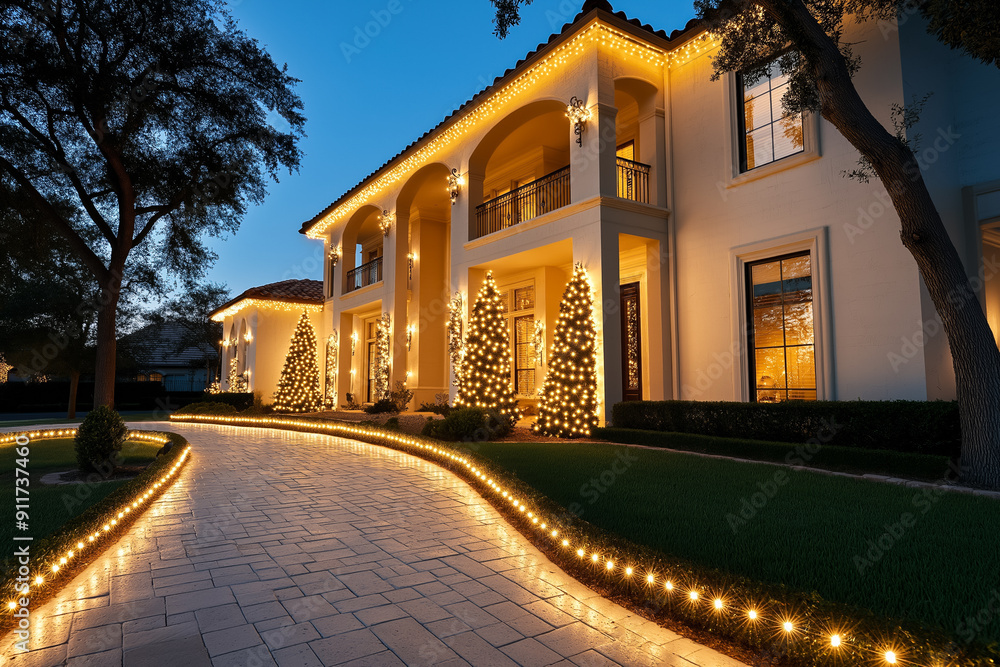 Wall mural Stunning residential facade displaying whimsical patterns of festive Christmas lights 