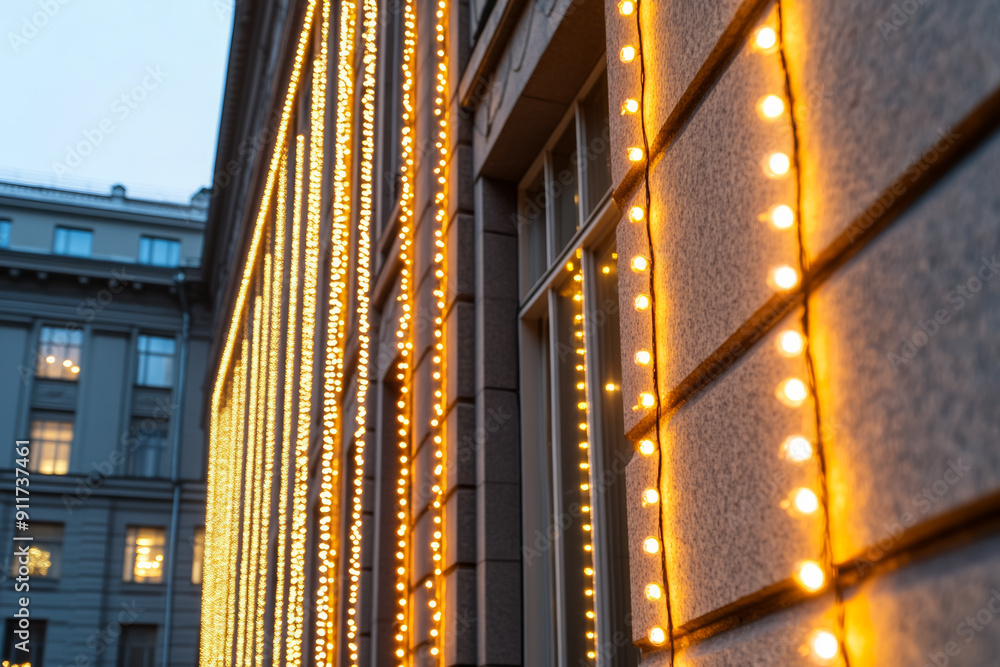 Poster unique christmas lighting patterns on facades background with empty space for text