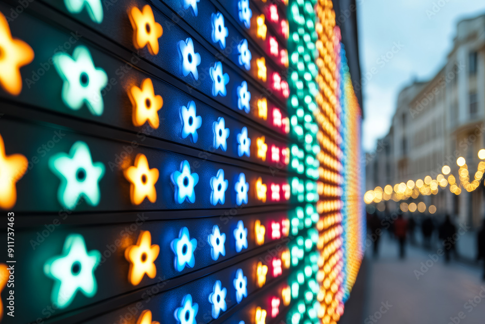 Poster unique christmas lighting patterns on facades background with empty space for text