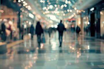 ethereal shopping center scene with blurred figures soft focus muted colors sense of movement capture the bustling energy of retail
