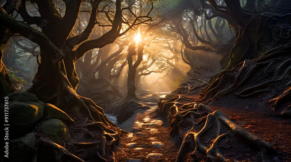 Poster a path through a forest.
