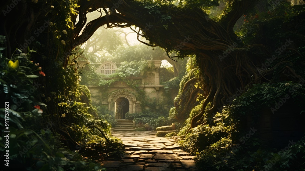 Poster a stone path through a tree tunnel.