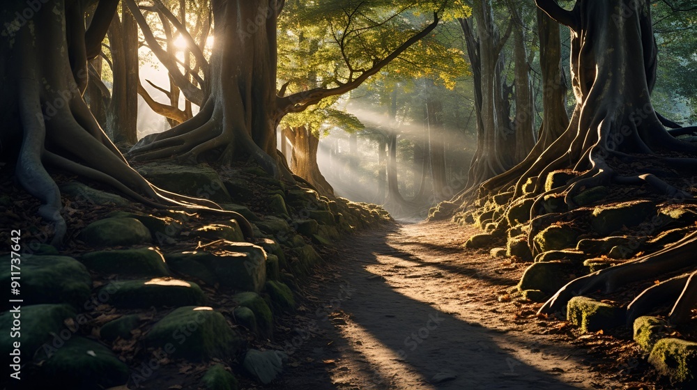 Poster a path through a forest.