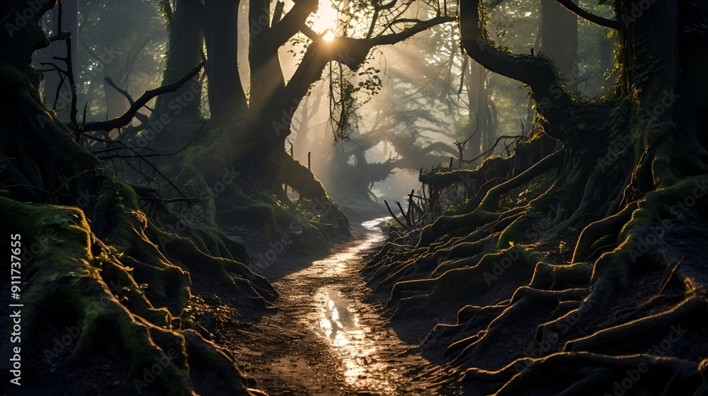 Poster a path through a forest.
