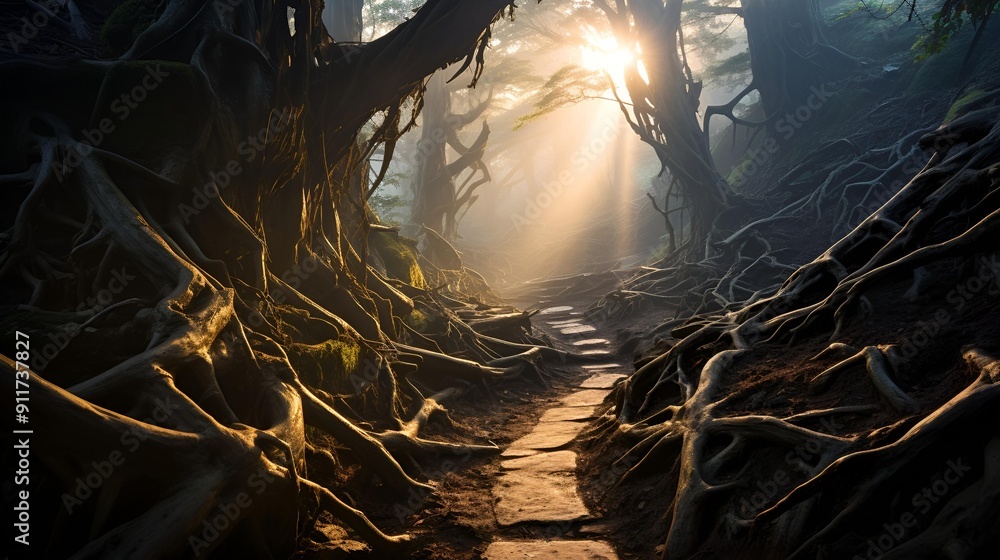 Poster a path through a forest with trees and roots.