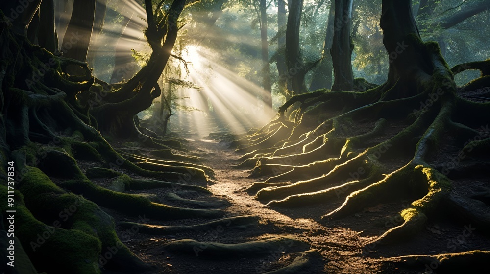 Poster sun shining through trees in a forest.