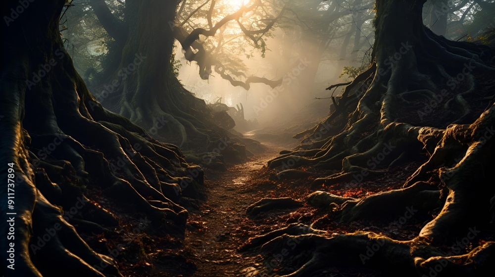 Poster a path through a forest.