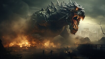 Gigantic kaiju monster destroying a city