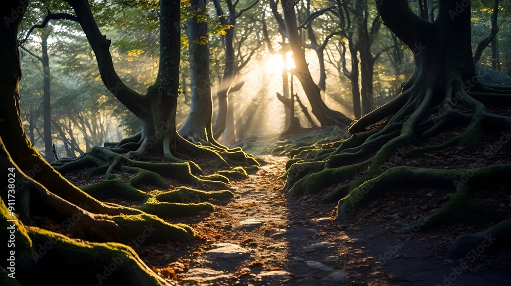 Poster a path through a forest with sun shining through trees.