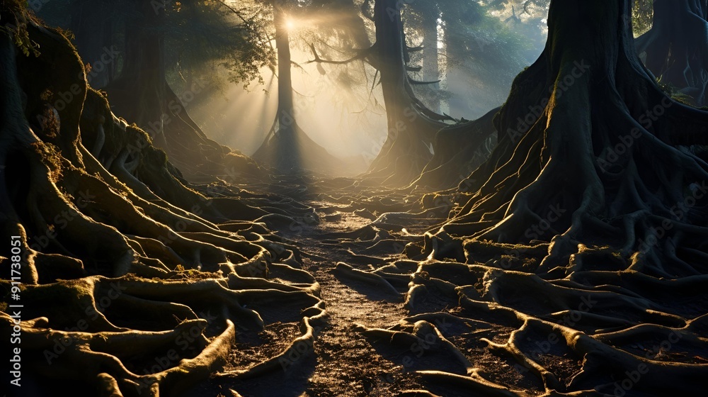 Poster a path through a forest with trees and sun rays.