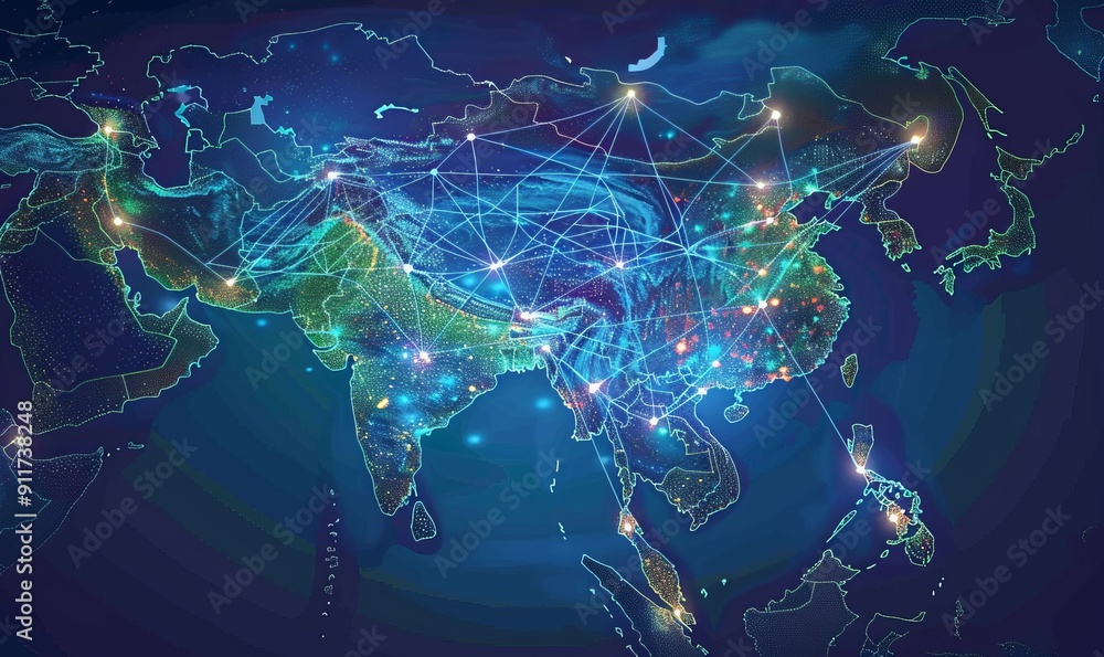 Poster map showing chinese global network connectivity with india for highspeed data transfer. concept glob