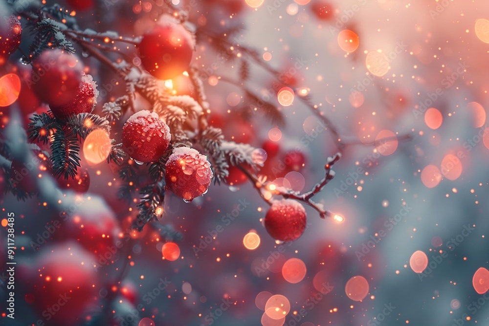 Poster a tree with red berries and snow.