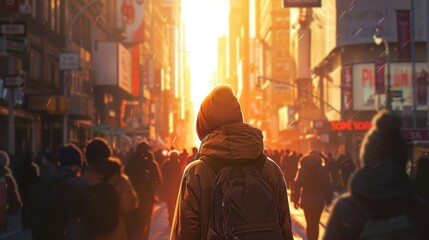 Obraz premium A figure walks through a bustling city street at sunset, illuminated by golden light