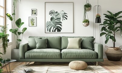 Mockup frame poster hanging on a white wall above a light green sofa, surrounded by various indoor plants in a cozy living room setting