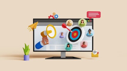 Target audience, marketing strategies, buyer persona, advertising campaign. CRM, Customer relationship management. 3D computer with targeted audience. 4k 3d animation. Trim first 3 sec for loop